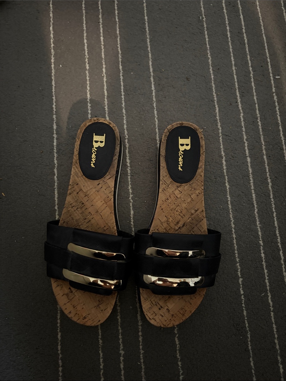 Browns Cork Slide Sandals with Black Straps and Gold Accents